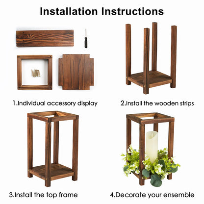Neoflavie 42 Pcs /14 Set Wooden Wedding Lantern Centerpiece-Wooden Candle Lantern Bulk Includes 14 Farmhouse Wooden Candle Holder 14 Flameless LED Candles 14 Eucalyptus Leaves Wreath for Decoration
