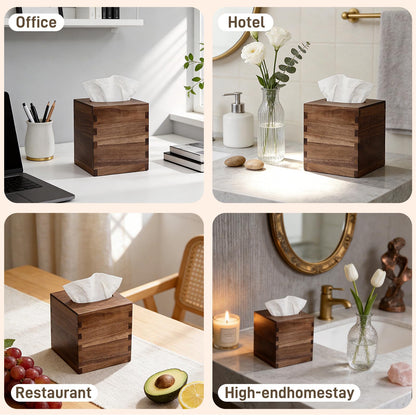 Solid Black Walnut Tissue Box Cover Square – Handcrafted Wood Tissue Holder with Mortise & Tenon Joinery, Fits Standard Cube Tissue Boxes