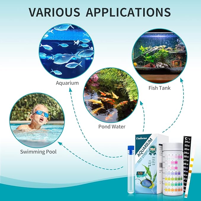 Umlecoa 7 in 1 Aquarium Test Kit for Freshwater and Saltwater - 125 Aquarium Test Strips with Test Tube & Thermometer - Fast & Accurate Water Testing Strips for Aquarium/Pond/Pool