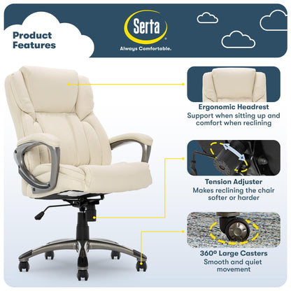 Serta Garret Executive Office Chair, Ergonomic Mid-Back with Lumbar Support, Semi-Plush Cushion and Body Pillows, Padded Armrests, Swivel Base, Bonded Leather, Ivory White