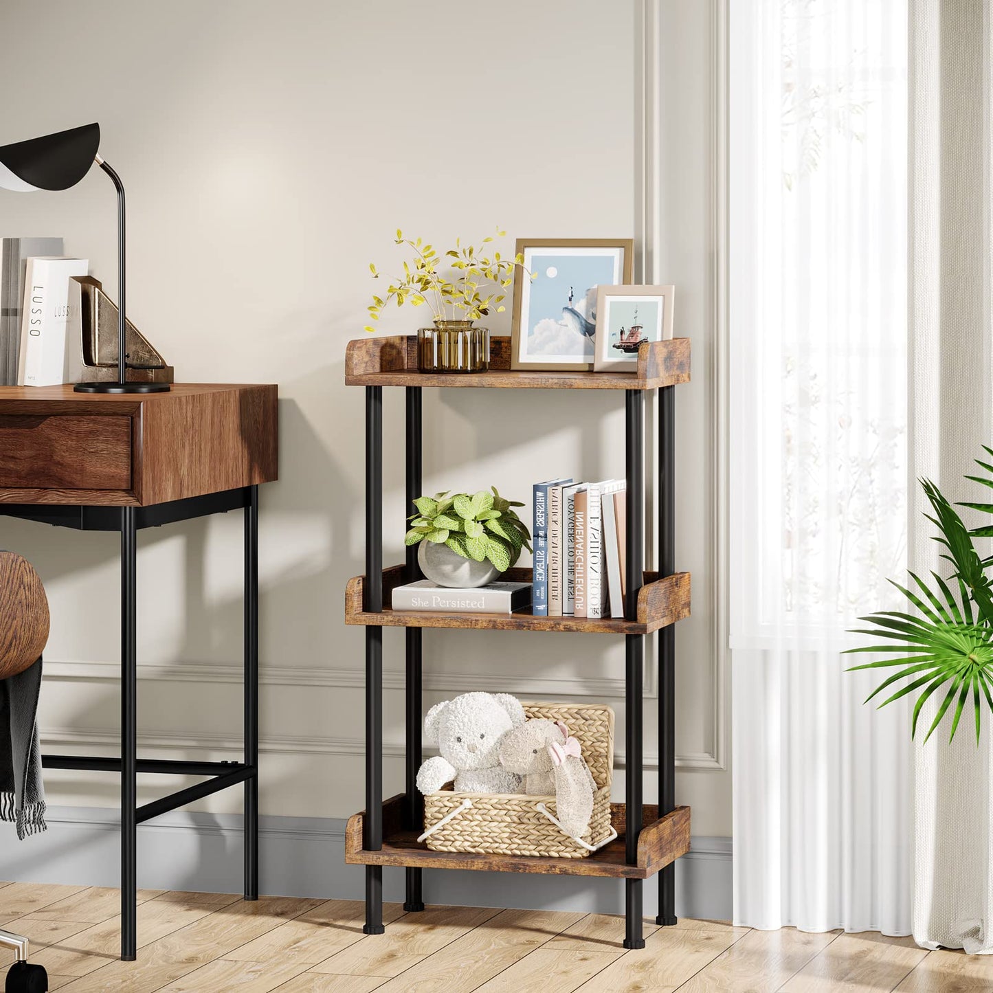 Hosfais Bookshelf Small Book Shelf, 3 Tier Wood Bookcase Industrial Bookshelf Metal Standing Book Shelves Display Book Rack for Living Room Bedroom Home Office (Rustic Brown)