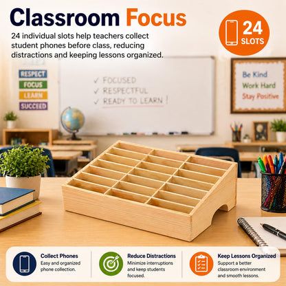 XICHENGSHIDAI 24-Grid Classroom Cell Phone Holder, Wooden Mobile Phone Storage Box, Desk Organizer for Teachers, School and Office