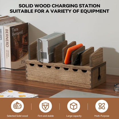KIRIGEN Charging Station Organizer for Multiple Devices Desktop Organizer Wooden Cable Management with 7 Ports for Cell Phones, Tablets, Earphones GDXH-DBR