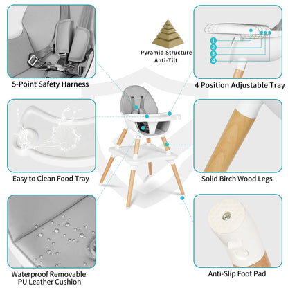 6 in 1 High Chair for Babies & Toddlers, Convertible Wooden Baby Highchair, Table and Chair Set, Baby Feeding Chair, 5-Point Adjustable Harness/4-Position Removable Tray& PU Seat Cushion(Grey)