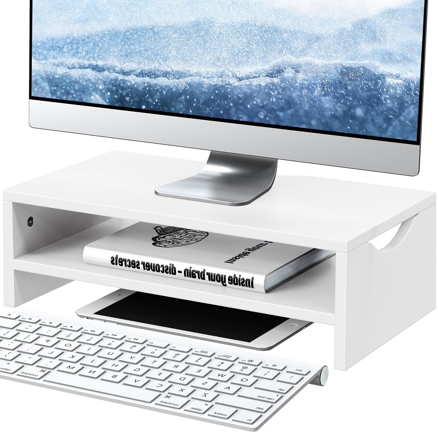 Mountory Monitor Stand Riser for Desk, 2 Tiers Laptop Computer Riser for PC Screen, iMac, Desktop Wooden Screen Monitor Stand with Storage Organizer for Home Office, White
