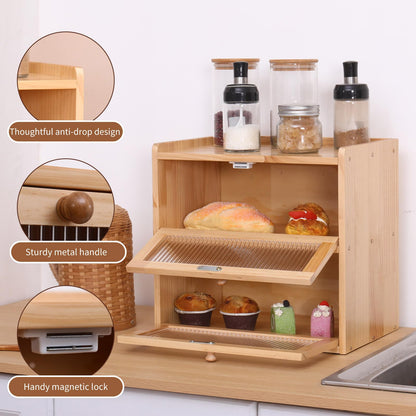 FDHUIJIA Double Layer Large Bread Box for Kitchen Counter, Wooden Bread Storage Container with Acrylic Window, (natural)