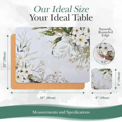 Verdi Livin Cork Placemats Set of 6 Matching Coasters I Heat Resistant Place Mats for Dining Table 16" x 12", Cork Backed, Wipeable White Lily Design