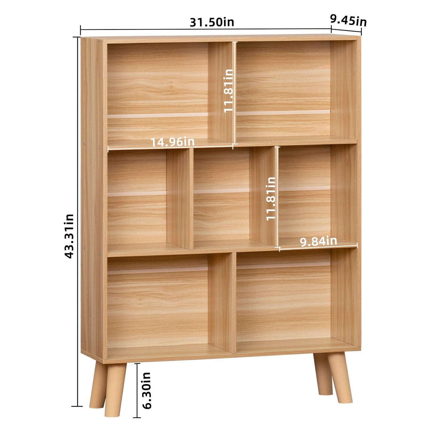LEYAOYAO Wooden 7 Cube Book Shelf, Natural 3 Tier Bookshelf with Legs, Modern Open Storage Organizer,Boho Bookcase,Display Cabinet Shelf Free Standing Bookshelves for Bedroom,Living Room,Office