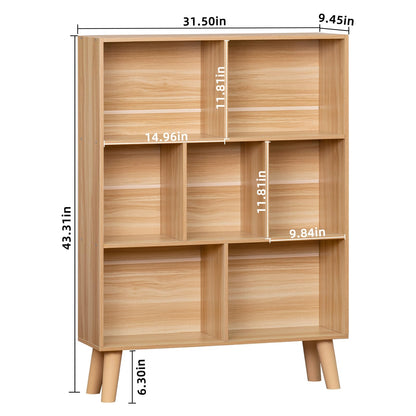 LEYAOYAO Wooden 7 Cube Book Shelf, Natural 3 Tier Bookshelf with Legs, Modern Open Storage Organizer,Boho Bookcase,Display Cabinet Shelf Free Standing Bookshelves for Bedroom,Living Room,Office