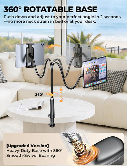 Mumay 42" Long Arm Tablet Holder for Bed with 360° Rotating Base: Flexible Gooseneck Stand Compatible with iPad Pro Air Mini | Kindle | Switch & Other 4–13" Devices