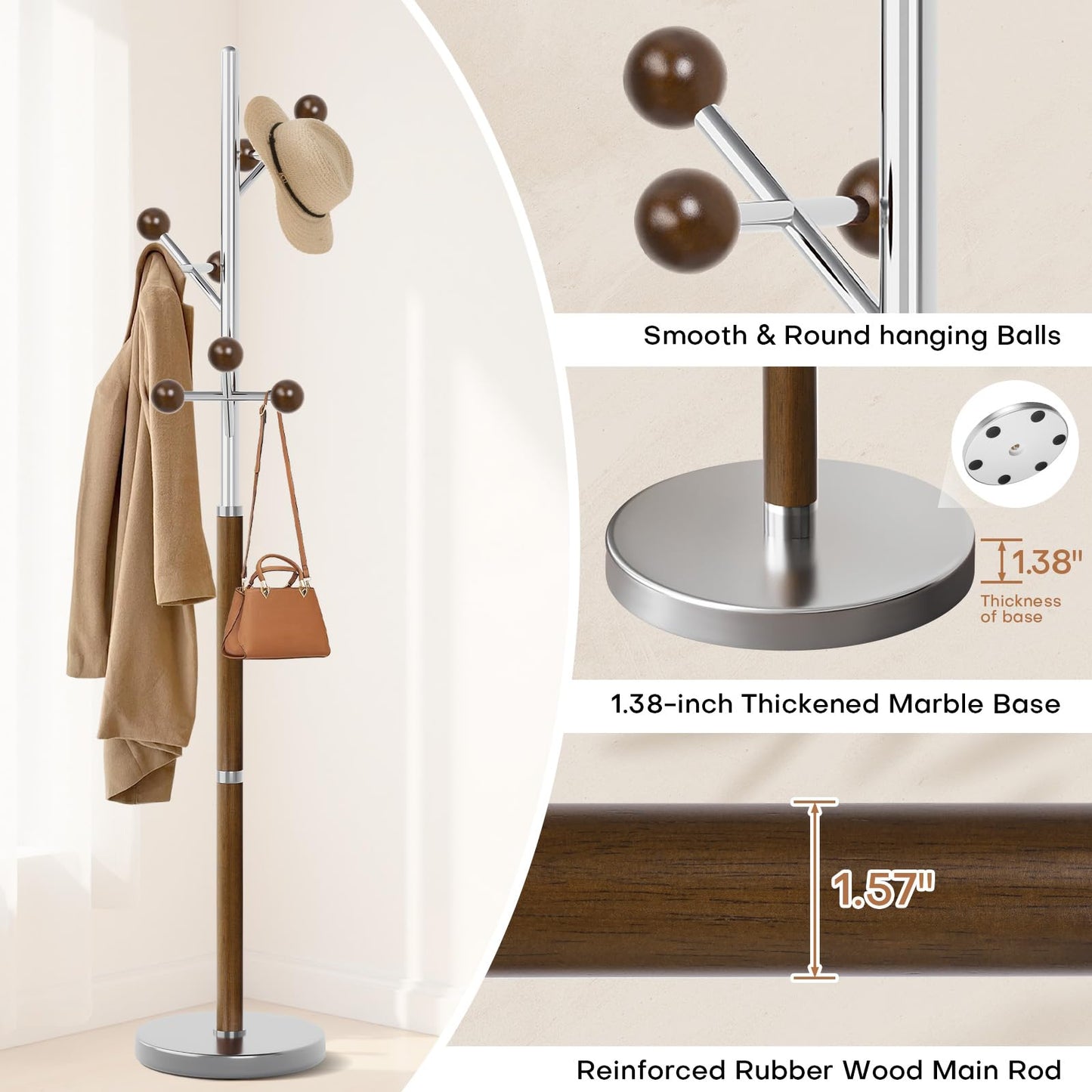 WOOW DEPOT Coat Rack Freestanding, Metal Coat Tree with 9 Rubber Wood Hooks, Heavy Duty Coat Hanger Stand with Marble and Stainless Steel Base, Standing Hall Tree for Clothes, Hats, Bags, Jacket