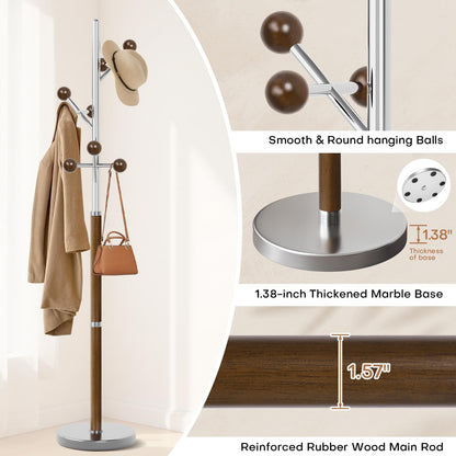WOOW DEPOT Coat Rack Freestanding, Metal Coat Tree with 9 Rubber Wood Hooks, Heavy Duty Coat Hanger Stand with Marble and Stainless Steel Base, Standing Hall Tree for Clothes, Hats, Bags, Jacket
