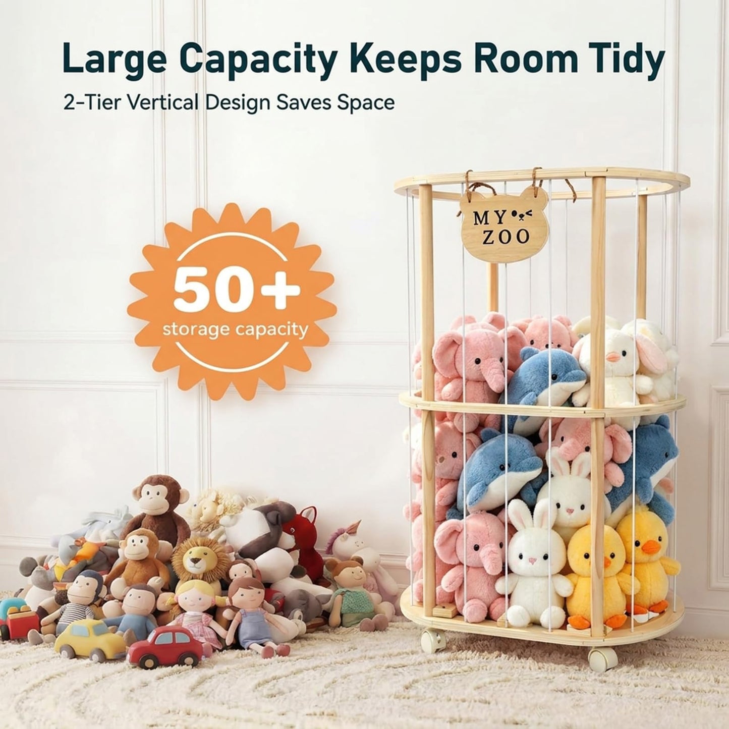 Singda Stuffed Animal Storage, Wooden Zoo Stuffed Animal Holder with Wheels & Elastic Bands, Space Save Toy Storage Organizer with Extra-Thick Base for Kids' Room, Playroom, Nursery - 37"