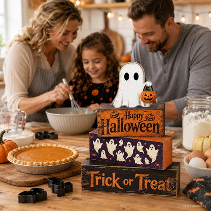 4 Pcs Halloween Table Decorations, Rustic Farmhouse Wooden Block Signs with Ghost & Jack-o'-Lantern, Trick or Treat Tiered Tray Decor, Happy Halloween Tabletop Centerpiece for Home Office Mantel Kitchen Shelf