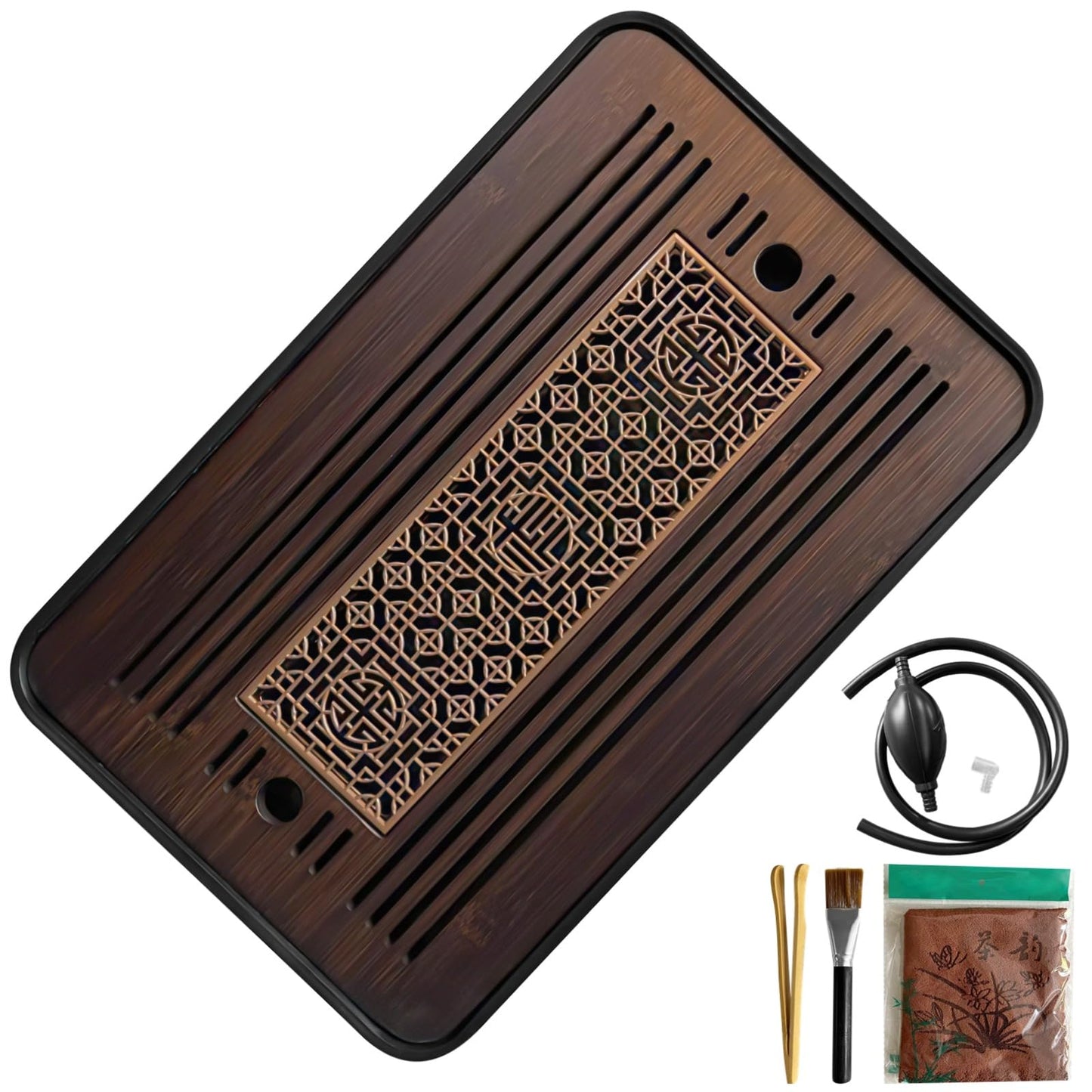 5 PCS Wooden Tea Tray Set, Tea Serving Tray with Accessories, Kungfu Tea Tray Set, Tea Serving Tray Drain & Store Water for Home Office, Includes Cleaning Brush, Silicone Hose, Tea Cloth, Tea Tongs