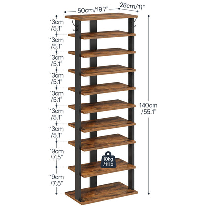 HOOBRO 10 Tiers Vertical Shoe Rack, Wooden Shoe Storage Organizer with Hooks, Narrow Shoe Tower for 20 Pairs, Space Saving, for Entryway, Living Room, Bedroom, Rustic Brown FG140XJ01