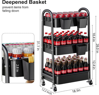 3 Tier Rolling Cart Metal with Wheels, Heavy Duty Three Tiered Rolling Storage Cart on Wheels, Black Utility Roller Carts Organizer for Baby, Art, Craft, Snack,Book, Nail, Diaper Caddy, Cleaning, Dorm