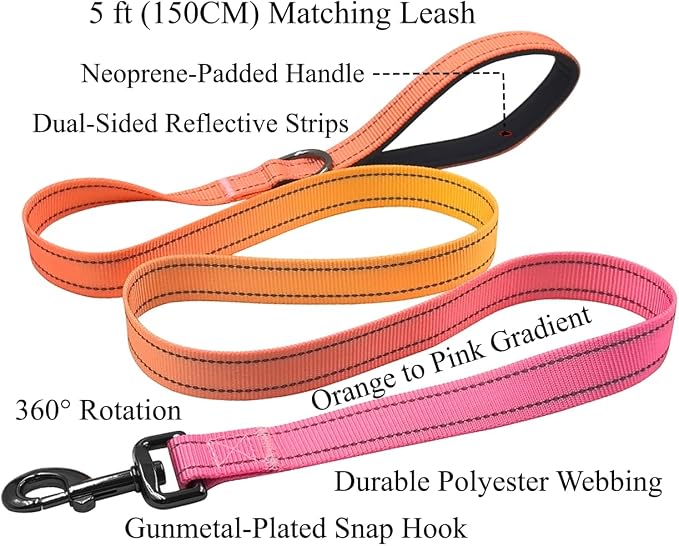 Dog Collar Leash Set, Gradient Color, with Safety Reflective Strips, 5 ft Matching Leash, Neoprene Padded Handle, Adjustable 4 Sizes for Small Medium Large Dogs.(S, Orange Pink)