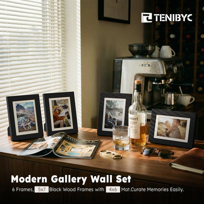 TENIBYC 5x7 Picture Frame Set - 6 Pack, Black Solid Wood Photo Frames - Tempered Glass - Displays Photos 4x6 with Mat or 5 x 7 without - Room, Office, Gallery, and Hallway Decor - Wall Hanging