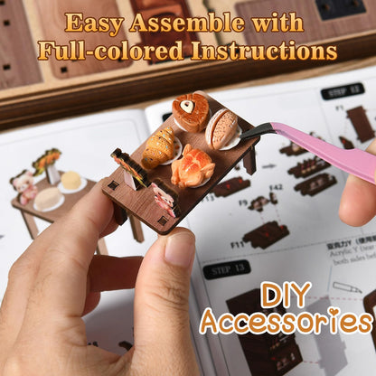 Hallisun DIY Miniature House Kit, Mini 3D Wooden Bear Restaurant Building Kit with Furniture and LED, Tiny Diorama Dollhouse Model Set, Handmade House Craft Birthday for Adults Teens