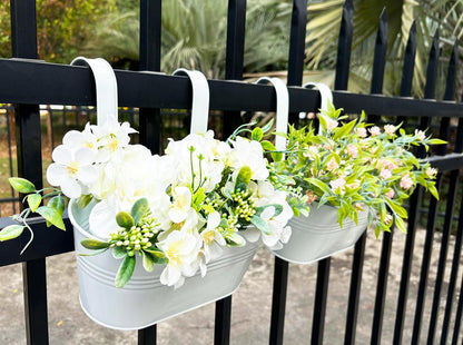 Joyfernal 10" Hanging Flower Pots, Pack of 2 White Metal Outdoor Patio Balcony Planter, Railing Planters Fence Pot with Detachable Hook & Drainage Hole for Small Plants (White, 2Pcs)