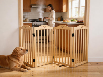 Oapety Wooden Dog Gate Indoor, 31.5" H Freestanding Doggy Gate, No-Painted Folding Cute Puppy Fence for Doorways Stairs Hallways, 4 Panels