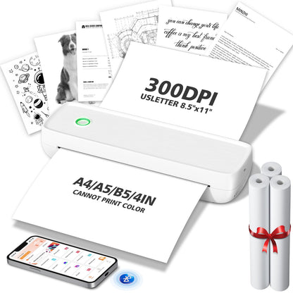 MinZhi Inkless Portable Printer for Travel, Wireless Printer Supports 8.5 x 11 Inch Thermal Paper, Bluetooth Machine Includes 3 Rolls of Thermal Paper Set