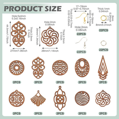 Elecrelive 10 Pairs Wooden Dangle Earring Making Kit Teardrop Oval Flower Leaf Shapes Natural Wood Earring Blanks with Hooks for DIY Craft Jewelry Making