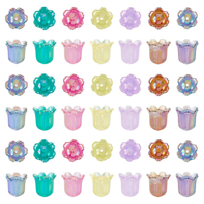 FASHEWELRY 50Pcs Acrylic Flower Beads Caps, Iridescent Colorful Transparent Lily Tulip Flower Bell Beads for DIY Tassel Earring Wind Chimes Craft Jewelry Making