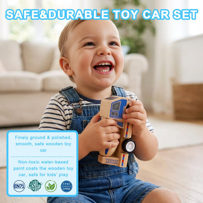 Udeas 5Pcs Premium Wooden Vehicle Toys for Toddlers 1-3 - Police Car, Garbage Truck, Dump Truck, Helicopter & Ambulance | Certified Safe, Montessori Toys, Push and Go Cars for 1+ Year Old Kids