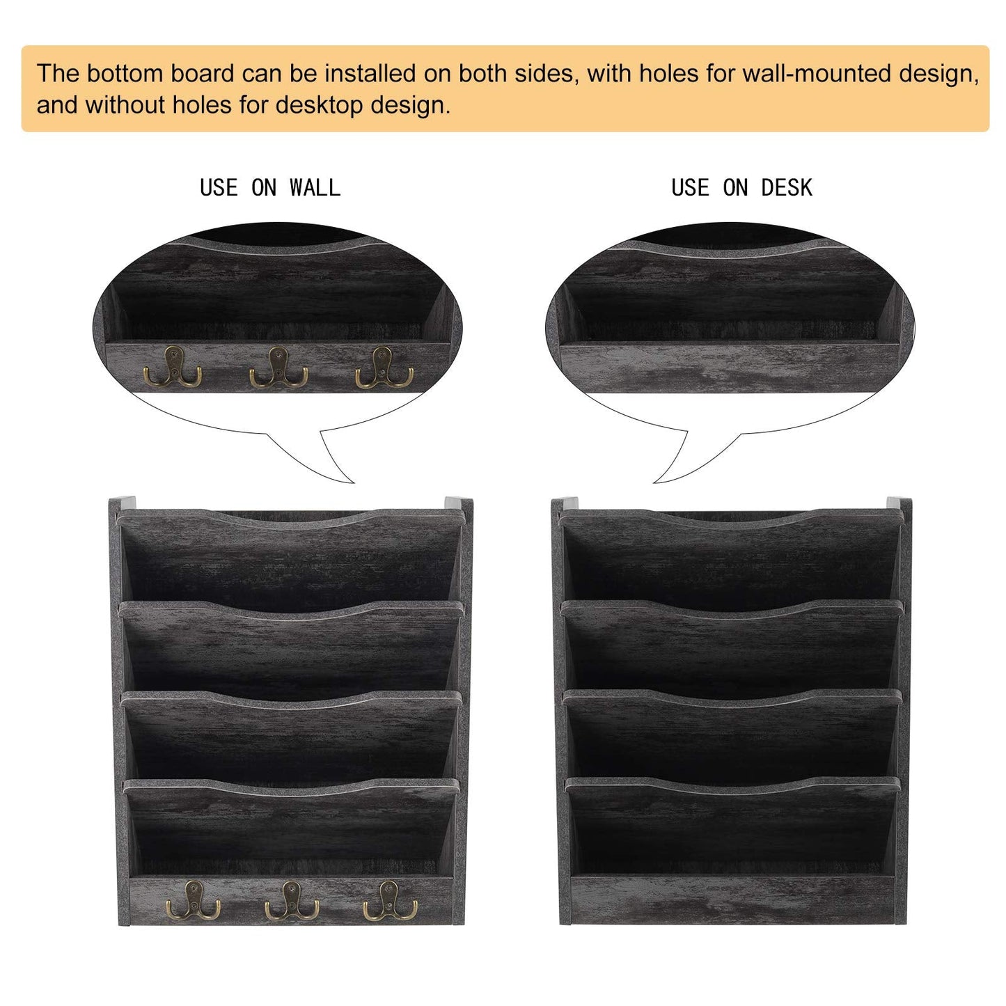 PAG 5-Tier Wall File Holder Hanging Mail Organizer Wood Magazine Literature Rack with 6 Hooks, Dark Gray