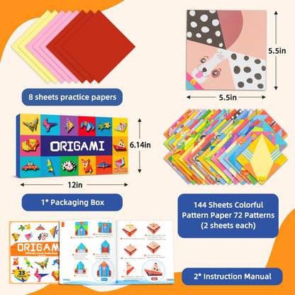 DoodleDoo Origami Paper Kit for Kids Ages 5-8 8-12,152 Sheets Origami Paper - 72 Double Sided Patterns with Instructional Book,DIY Art Craft Projects,Travel Game Activity,Gift for Boys Girls Beginners