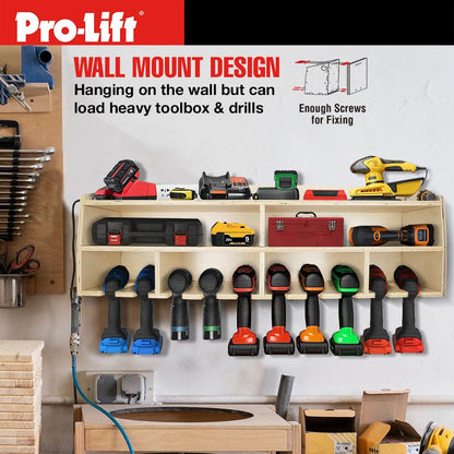 Pro Lift Cordless Drill Organizer – wall mount power tool storage rack, 10 hanging slots, wooden M-005W