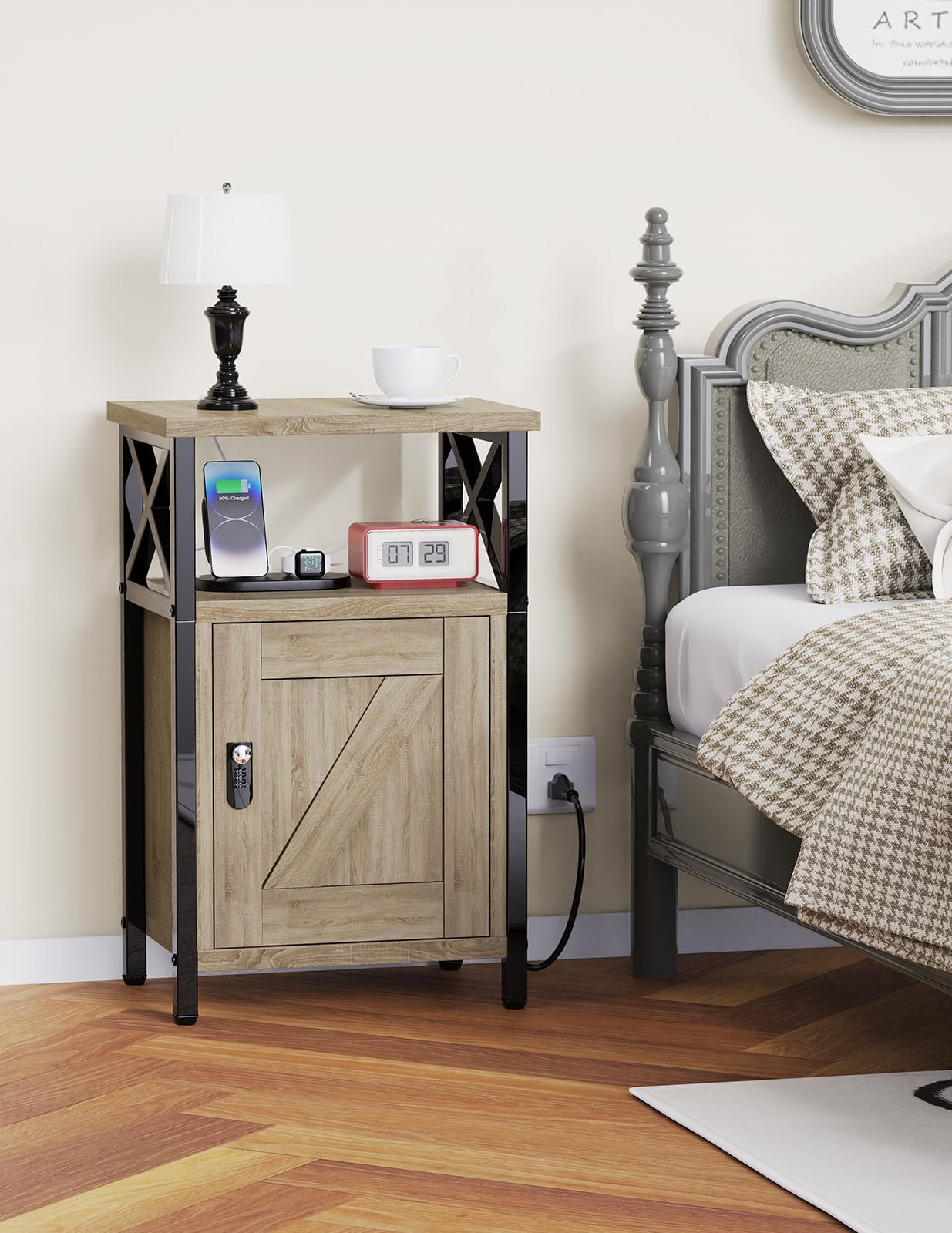 runjuly Wooden Nightstand with Lock, Bed Side Table with Drawers, Bedside Table with Charging Station, 3 USB & 2 Outlets, Night Stand with Cabinet, End Tables for Bedroom, Greige
