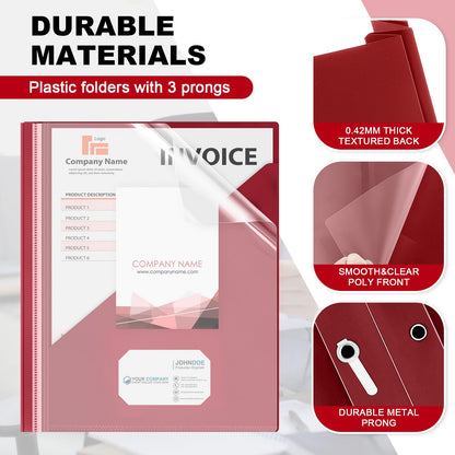 Teling 24 Pcs Clear Front Report Covers with 3 Prongs, Suit for A4/8.5'' x 11'' Letter Size Paper, Plastic Dark Red Presentation Folders Bulk, 90 Sheet Capacity, for School Business