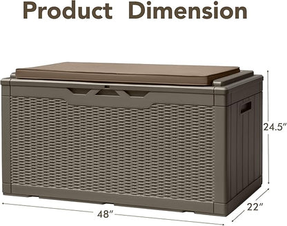 Devoko 100 Gallon Deck Box, Waterproof Resin Outdoor Storage Box with Cushion for Outside, Large Outdoor Storage Bench Cabinet Lockable for Patio Furniture and Garden Tools (Brown)