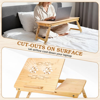 Bambition Bamboo Laptop Desk for Bed, Adjustable Height and Angle, Foldable Lap Desk with Cup Holder and Drawer, Portable Bed Table Tray for Writing Reading Drawing or Breakfast