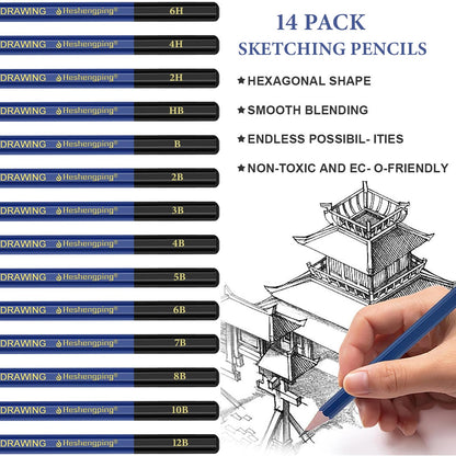 Drawing Sketching Pencil Set, 26 pcs Draw Supplies Kit, 14 Graphite (12B -6H), Charcoal Erasers Sharpener Extender, Ideal for Drawing Art, Sketching, Shading, Artist Pencils for Beginners Pro Artists