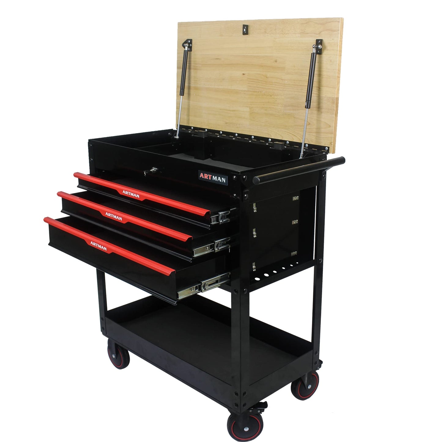 KEIKI 3-Drawer Rolling Tool Cart with Lift-Up Wooden Top, Utility Tool Box, Multi-Functional Tool Storage Organizer Cabinet for Garage, Warehouse, Workshop, Repair Shop, Black