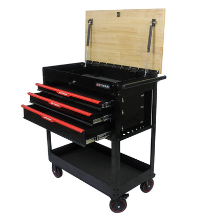 KEIKI 3-Drawer Rolling Tool Cart with Lift-Up Wooden Top, Utility Tool Box, Multi-Functional Tool Storage Organizer Cabinet for Garage, Warehouse, Workshop, Repair Shop, Black