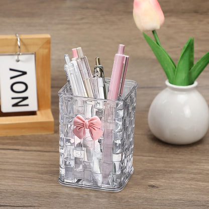 CCREDONE Acrylic Pen Holder for Desk, Clear Pencil Organizer Makeup Brush Cup Holders with Bow Back To School Accessories for Teachers Appreaction Present (Transparent)