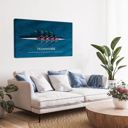 KLVOS Inspirational Success Teamwork Canvas Wall Art Rowing Team on Blue Ocean Framed Motivational Self Positive Office Quotes Picture Gallery Wrap Modern Home Office (24"x36")