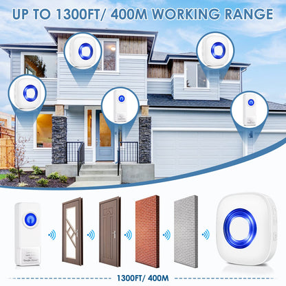 Wireless Doorbell, PHYSEN Waterproof Door bell Chime Kit Operating at 1300-ft Range 58 Adjustable Melodies 5 Volume Levels & LED Flash, Doorbell Alarm for Home/Classroom, 2 Push Buttons+4 Receivers