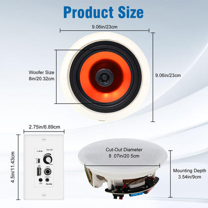 Herdio 8'' Bluetooth in Wall in Ceiling Speakers 800W 2-Way Flush Mount Speakers System with Wall Amplifier Receiver for Home Theater Office (2 Pairs, Paintable-Grille)
