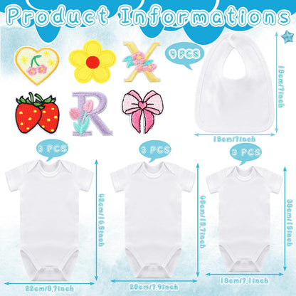 80 Pcs Baby Shower DIY Bodysuit Bibs Set Spring Iron on Transfers Cute Strawberry Bow Patches Baby Shower Decorating Kit 9 Cotton Bodysuits 9 Bibs 62 Iron on Embroidered Patches for Party Games