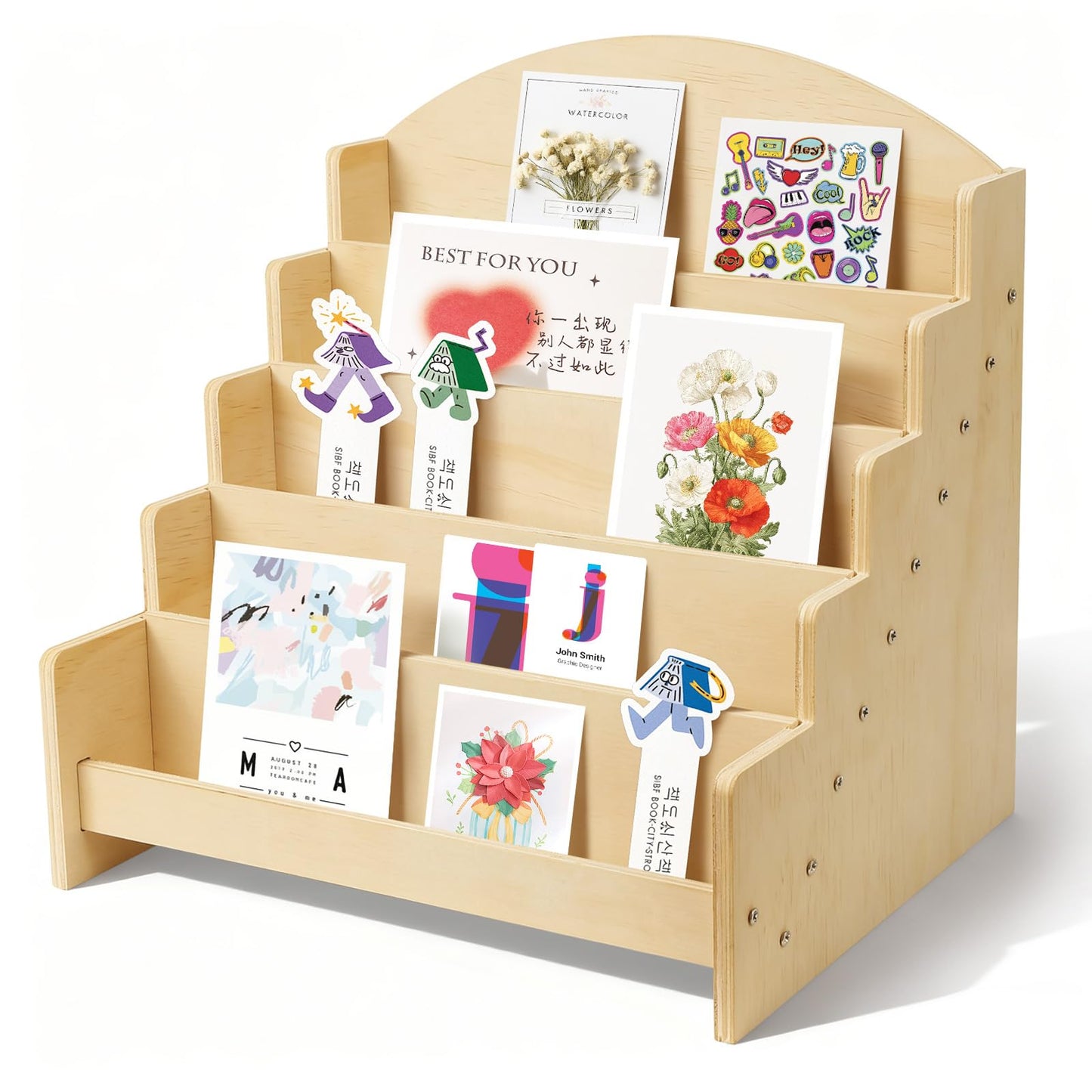 ZANAUWEKED Greeting Card Display Stand Holder,5-Tier Wooden Organizer Rack for Postcards ,Stickers, Bookmarks & Brochure Photos ,Tiered Display Stand for Retail Stores, Stationery Vendors