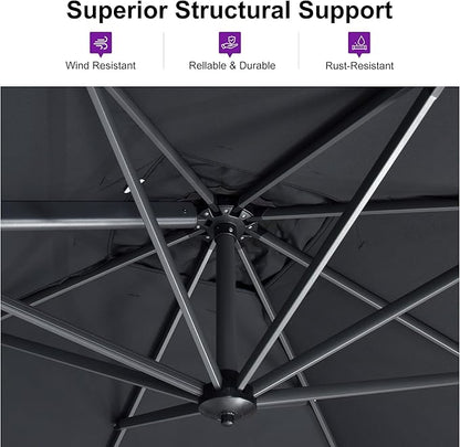 PURPLE LEAF 11 Feet Patio Umbrella with Base Outdoor Cantilever Round Umbrella Aluminum Offset Umbrella with 360-degree Rotation for Garden Deck Pool Patio, Grey