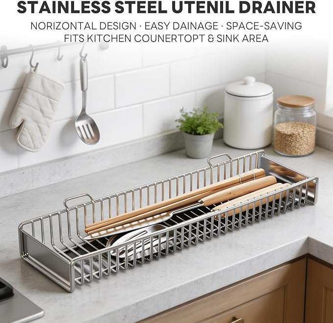 Dish Drying Rack in Sink, Extendable 304 Stainless Steel Dish Drainer for Kitchen Counter, Over The Sink with Utensil Holder, Corrosion Resistant Space Saving Drainage Basket