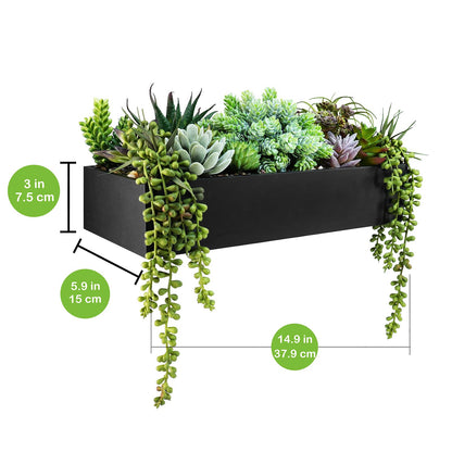 Winlyn 15" Artificial Succulents Arrangement Faux Succulents in Rectangular Black Wooden Planter Box Faux Potted Succulents Plant Garden for Gifts Home Table Centerpiece Mantel Greenery Décor