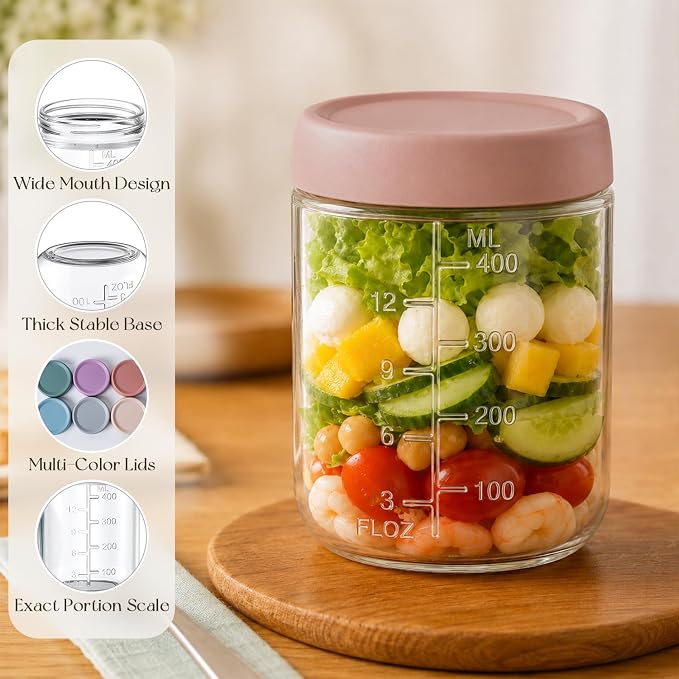 KEMORELA 6-Pack 16oz Overnight Oats Containers with Lids, Wide Mouth Glass Mason Jars with Airtight Lids, Reusable Glass Food Storage Containers for Yogurt, Chia Pudding, Salad, and Pickles
